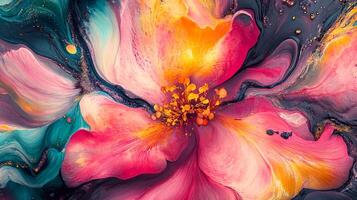 A vibrant, fluid flower with intense color, showcasing a painterly texture with dynamic swirls and gold accents against a dark backdrop. photo