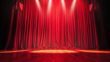 A stage with red velvet curtains illuminated by spotlights, creating a dramatic and inviting atmosphere, ready for a performance. photo