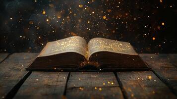 Open book on wooden table amidst golden light. A journey into knowledge and imagination, sparkling with wisdom and illuminating stories. photo