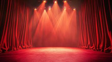 A stage bathed in red light, framed by elegant red curtains, evokes anticipation and drama, ready for a captivating performance. photo