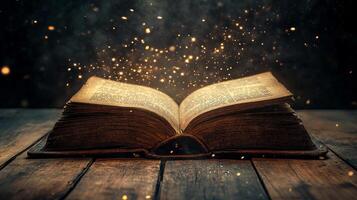 An aged book lies open on a rustic wooden surface, illuminated by magical golden lights, symbolizing knowledge, imagination, and timeless tales. photo