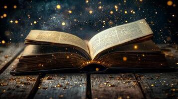 An ancient book sits open on a wooden table, illuminated by soft light and surrounded by sparkling dust, evoking a sense of mystery and knowledge. photo