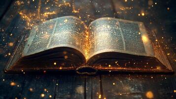 Illuminated book with golden sparkles creating an ethereal ambiance of knowledge and magic, showcasing the transformative power of literature. photo