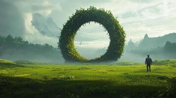 A lone figure approaches a gigantic, circular portal of foliage, nestled in a field of green, hinting at a journey into the unknown. photo