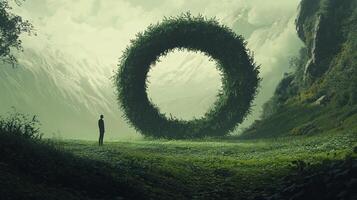 A lone figure stands before a massive, circular portal of dense foliage, hinting at mystery and wonder in a misty, natural landscape. photo