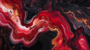 Abstract art piece featuring dynamic swirling patterns in striking shades of red, black, white, and gold. A dramatic and fluid visual. photo