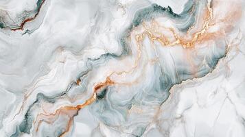 Elegant marble texture with flowing white, teal, and gold patterns create a visually stunning and luxurious abstract design for backgrounds. photo