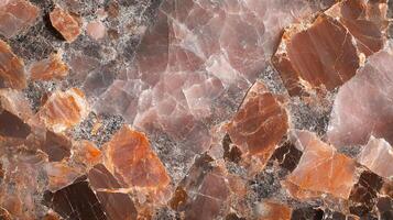 Close-up showcasing a beautiful, intricately patterned reddish-brown stone surface with unique crystal formations and a textured appearance. photo