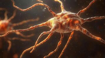 Detailed orange-toned rendering showcasing a neuron cell with intricate branching extensions set against a blurry, dark backdrop. photo