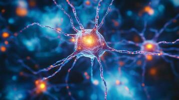 A neuron cell with branching dendrites, glowing synapses, in a blue and orange hue, representing neural networks, and connectivity. photo
