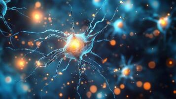 Detailed view of neuron cells with a glowing center and dendritic branches, highlighting biological neural networks and intercellular communication. photo