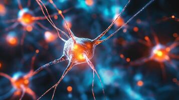 Neural network visualization showing neuron cells connecting and communicating, simulating brain activity and digital connectivity photo