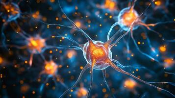 Abstract neural network design representing connectivity, information flow, and biological processes in blue and orange shades. photo