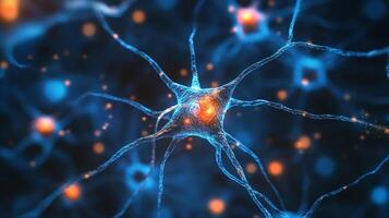 Detailed microscopic close up of neurons networked with synapses in a neural network, with electrical impulses firing. photo