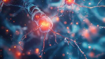 Close-up of neuron structures with bright sparks showing connections. Blue backdrop. Visualizes neural activity or a biological process. photo