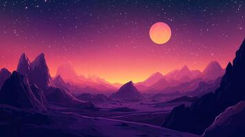 Vivid planet landscape with majestic mountains under a starlit sky and radiant celestial body, creating a serene, otherworldly experience. photo