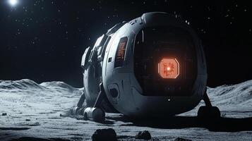 Lunar Lander on a desolate moon, silhouetted by starlight. A beacon of light shines through the lander, hinting at advanced technology. photo