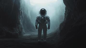 Astronaut exploring an eerie and desolate cave system. The contrast between the human figure and the alien landscape is striking. photo