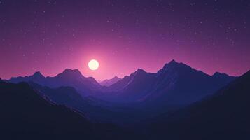 Serene view of layered mountain range against a purple and pink sky, lit by a bright moon and scattered stars. Peaceful mountain scenery. photo