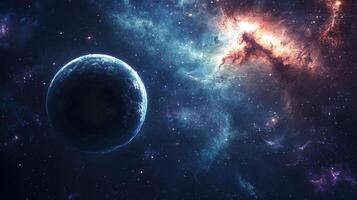A mesmerizing celestial body floating amidst the cosmos, surrounded by a vibrant tapestry of nebulae and distant stars. photo