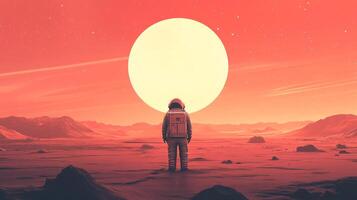 Astronaut stands on a red planet, gazing at a large sun, representing exploration and solitude in a vast alien landscape. photo
