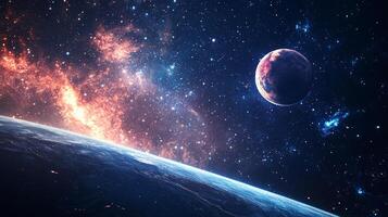 Dramatic space scene featuring a planet with a visible atmosphere, nebula, and many stars creating a majestic cosmic view. photo