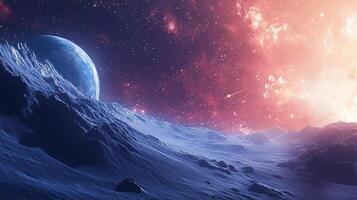 Otherworldly landscape with blue planet rising over a rugged, mountainous terrain under a backdrop of vibrant cosmic clouds and stardust. photo