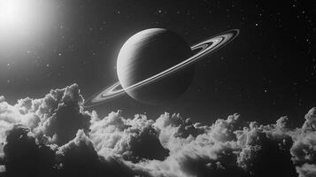 Monochrome planet with prominent rings rises above a blanket of clouds in a star-filled sky, rendered in stark grayscale. photo
