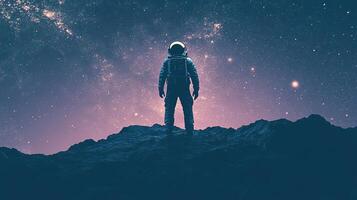 Astronaut on a distant planet, gazing at the cosmic wonders above. A moment of solitary exploration under the starry expanse. photo