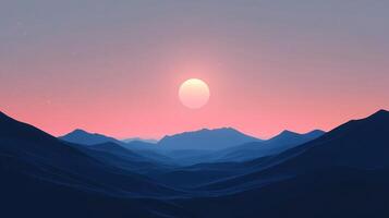 A digital rendering shows rolling mountains in shades of blue under a soft pink sky with a pale sun near the horizon creating serene vista. photo
