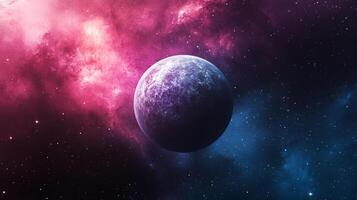 A breathtaking view of a distant planet amidst a colorful nebula, evoking wonder and the vastness of space exploration. photo
