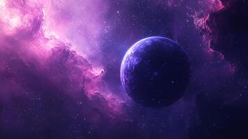 A celestial body floats amidst a vibrant cosmos, painted with hues of deep purples and soft pinks, adorned with countless twinkling stars. photo