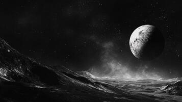 Monochromatic view of a planetary surface with a moon visible in the starry sky, showcasing a stark and barren landscape. photo