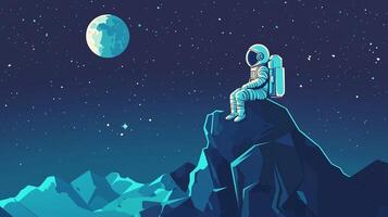 Contemplative astronaut perched on a lunar peak under a starry expanse, illuminated by a large moon, evoking wonder and exploration. photo