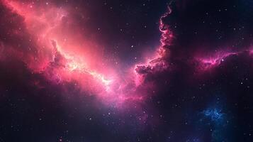 A breathtaking view of a vibrant nebula, with swirls of pink, red, and blue hues scattered across the dark expanse of space filled with twinkling stars. photo