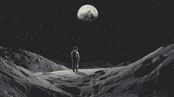 A solitary astronaut stands on a lunar surface under a starry sky, gazing at a large planet in the distance. Exploration and wonder. photo