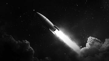 Monochrome image of a rocket blasting through a star-filled sky, emerging from cloud cover, creating an inspiring spectacle. photo