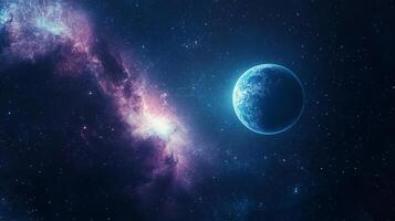 A vibrant blue planet floats amidst a colorful nebula in deep space, surrounded by countless stars, evoking a sense of cosmic wonder. photo