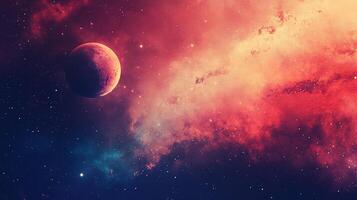A celestial artwork showcasing a planet bathed in the vivid colors of space, set against a backdrop of cosmic clouds and distant stars. photo