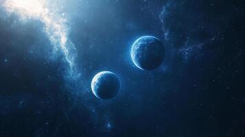 Distant worlds glow amidst cosmic dust, celestial neighbors in the vast expanse, painted with the ethereal light of the universe. photo