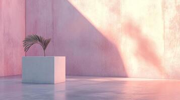 A serene indoor space with pink concrete walls, soft natural light, and a minimalist plant on a cube, creating a tranquil atmosphere. photo
