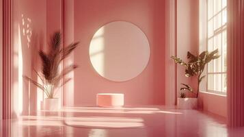 Elegant peach-toned room bathed in soft light, featuring a modern display platform, potted plants, and architectural columns. photo