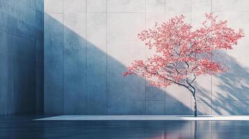A blooming tree stands against a concrete wall, casting shadows in a serene, minimalist architectural space filled with natural light. photo