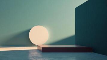 Minimalist display featuring a geometric stage, circle, and block wall. The background is a soft teal with shadows casting light and shade. photo