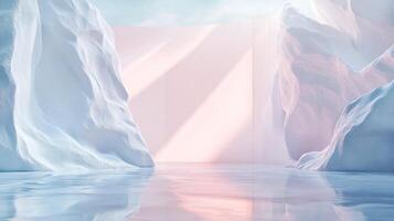 Abstract arctic scene with ethereal lighting. The scene is otherworldly, blending ice forms with soft, dreamlike pink hues and reflections. photo