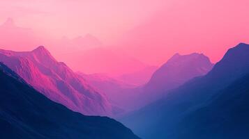 Pink and blue mountains fade into the distance, creating a surreal and dreamlike landscape with layers of texture and color gradient. photo