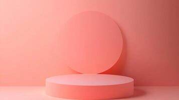 Minimalist coral-colored scene with a circular podium and a disk backdrop creates a calm and focused visual ideal for product display. photo