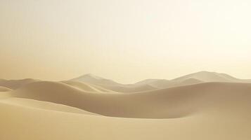Expansive desert landscape featuring rolling sand dunes under a bright, neutral-toned sky, evokes solitude and natural beauty. photo