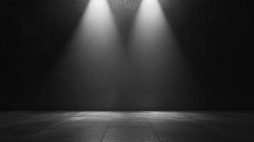 A stark stage is illuminated by two spotlights casting dramatic shadows on the textured wall and tiled floor, creating a sense of depth. photo
