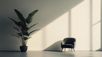Minimalist interior featuring a lush potted plant, a sleek armchair, and natural light casting shadows on a neutral wall creating a tranquil scene. photo